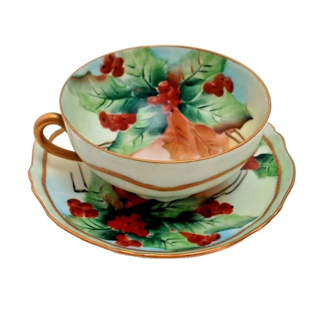 Antique Royal Austria Handpainted Holly Berry Teacup & Saucer Green Gold Gilt